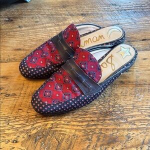 Sam Edelman Red Patterned Slip-On Mule Loafers with Brown Trim